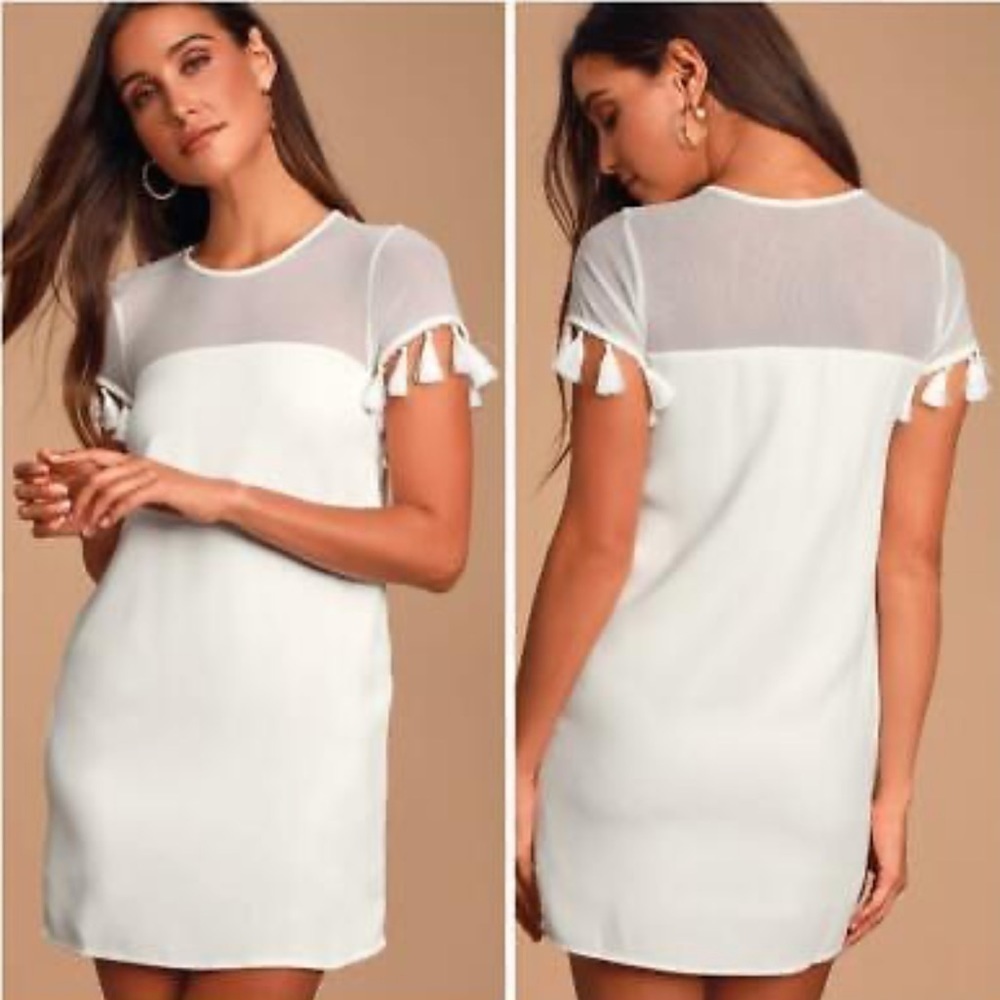Lulus iced latte white shift tassel sleeves dress size S